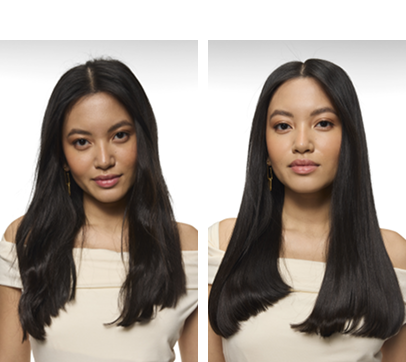 Porównanie efektów przed i po zastosowaniu Elseve Magiczna Moc Olejków od L’Oréal Paris – długie, proste włosy.