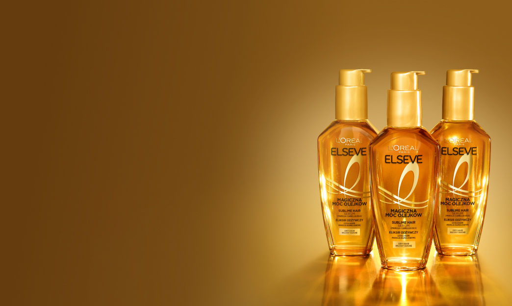 Trzy butelki olejku Elseve Eliksir Magiczna Moc Olejków od L’Oréal Paris do włosów suchych