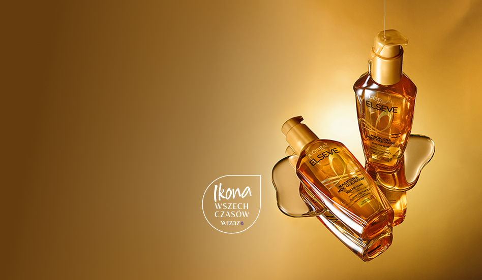 Dwie butelki olejku Elseve Magiczna Moc Olejków od L’Oréal Paris, jedna stoi, druga leży