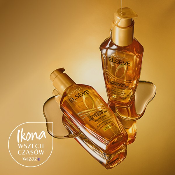 Dwie butelki olejku Elseve Magiczna Moc Olejków od L’Oréal Paris, jedna stoi, druga leży