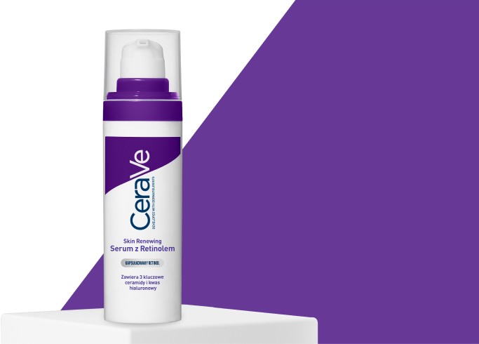 Produkt CeraVe Serum z Retinolem na fioletowym tle, główne benefity