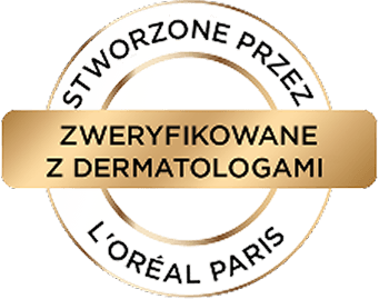 Oznaczenie: Zweryfikowane z dermatologami**, stworzone przez Loreal Paris