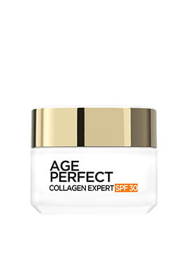 Biały słoiczek kremu Age Perfect Collagen Expert SPF 30 ze złotą nakrętką – widok od przodu