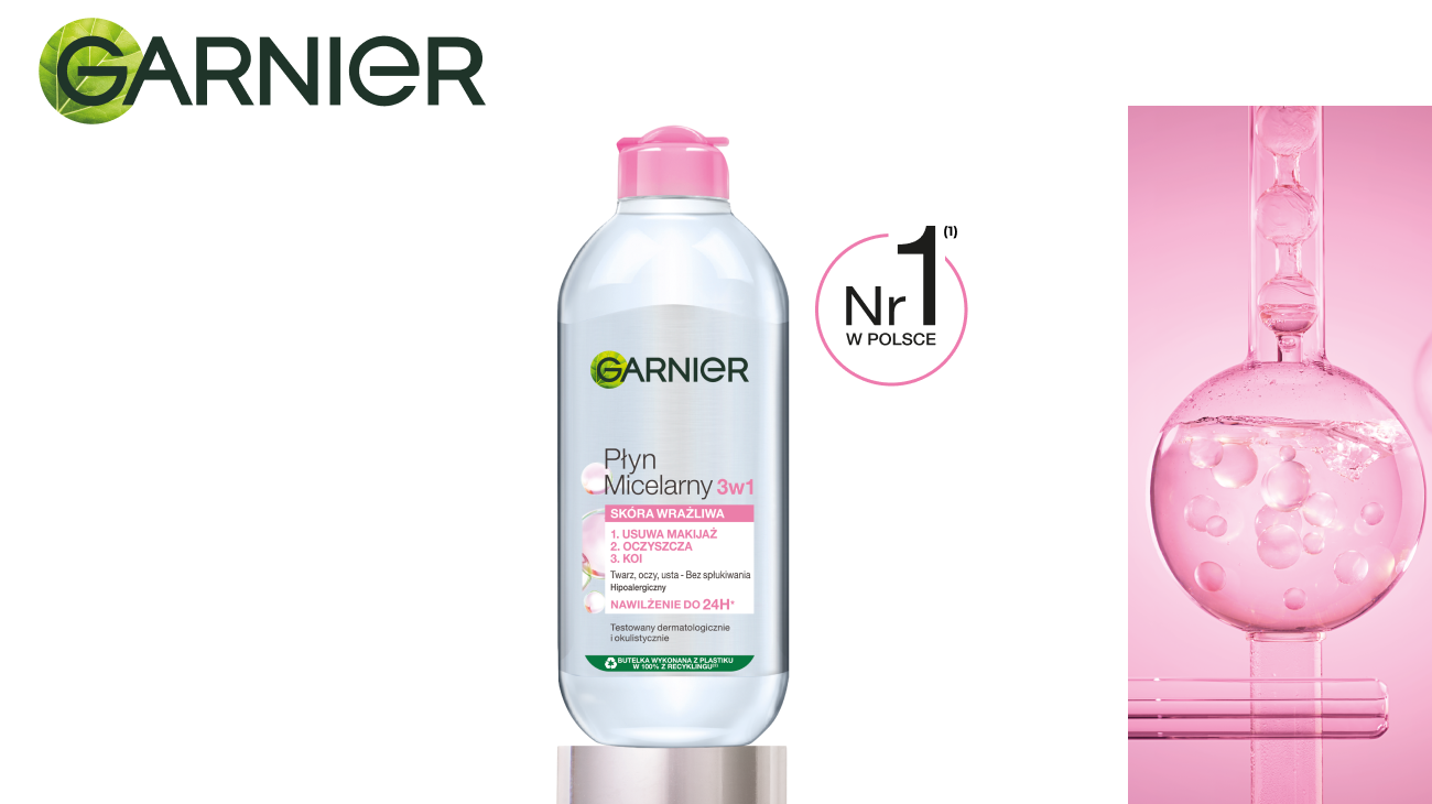 Opakowanie płynu micelarnego Garnier 3w1 i wizualizacja nawilżającej formuły płynu