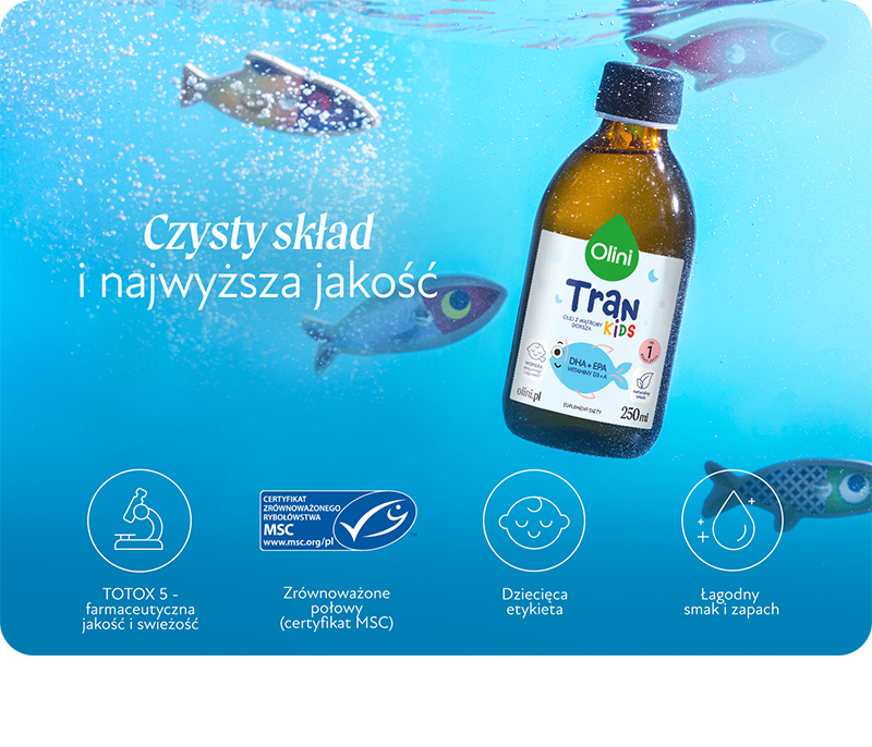 Tran dla dzieci Olini – butelka na tle wody