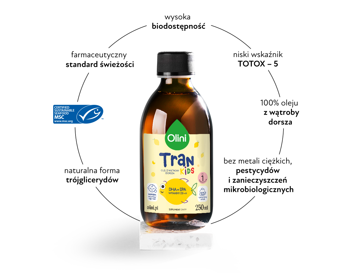 Butelka tranu Olini – wysoka biodostępność, niski wskaźnik TOTOX, 100% oleju z wątroby dorsza
