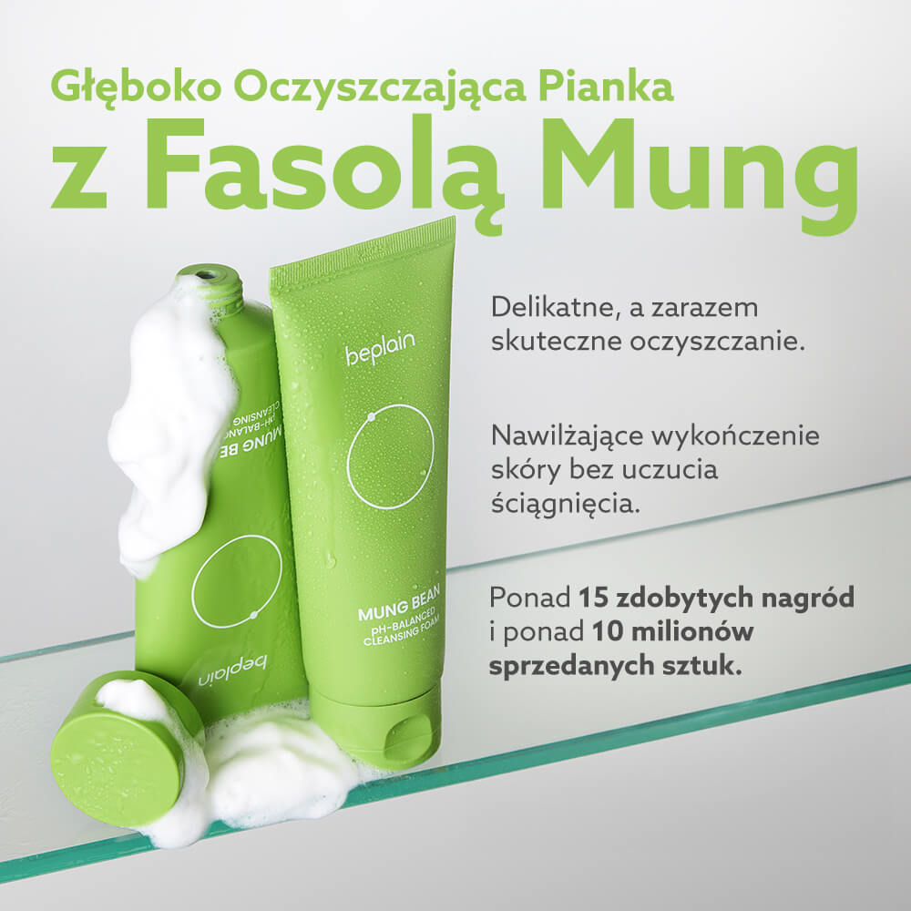 Zestaw trzech zielonych tub pianki Beplain z fasolą mung pokrytych delikatną pianą, z tekstem o 15 nagrodach i 10 milionach sprzedanych sztuk.