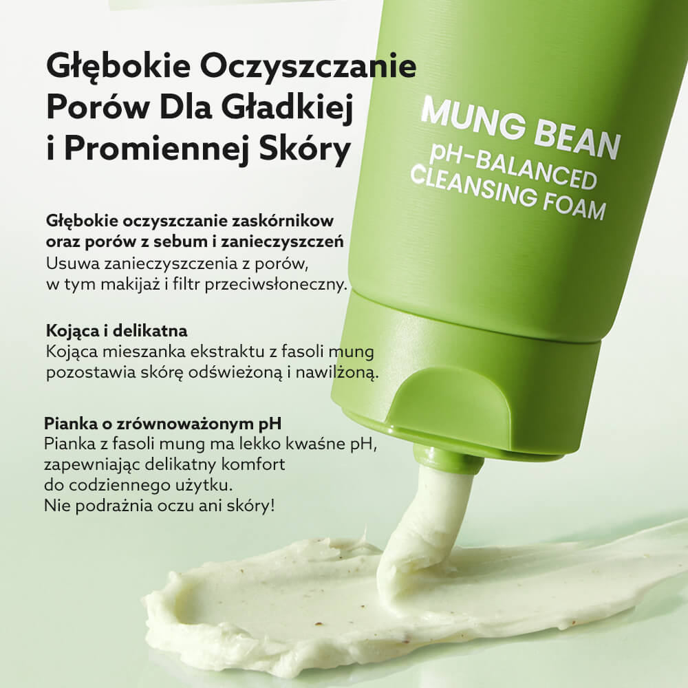 Beplain Mung Bean Cleansing Foam z rozsmarowaną pianką i opisem właściwości: oczyszczanie porów, ukojenie skóry i zrównoważone pH.