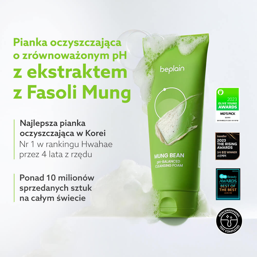 Beplain Mung Bean pH-Balanced Cleansing Foam – zielona tuba pianki z ekstraktem z fasoli mung, pokazana z pianą i wyróżnieniami jako bestseller w Korei.