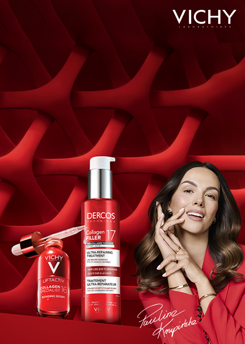 Zdjęcie Pauliny Krupińskiej z jej autografem, obok dwóch butelek Vichy Collagen na czerwonym tle.