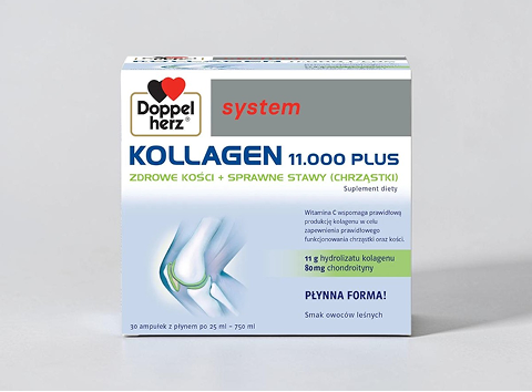 Doppelherz Kollagen 11.000 Plus – suplement diety w opakowaniu kartonowym.