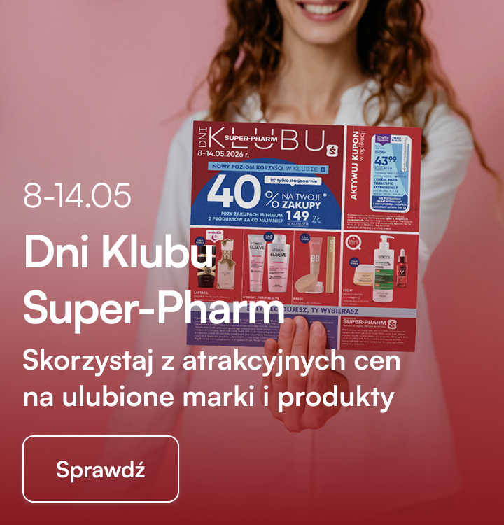 Banner promocyjny Dni Klubu Super-Pharm 8–14.05 z hasłem „Skorzystaj z atrakcyjnych cen na ulubione marki i produkty” oraz przyciskiem „Sprawdź