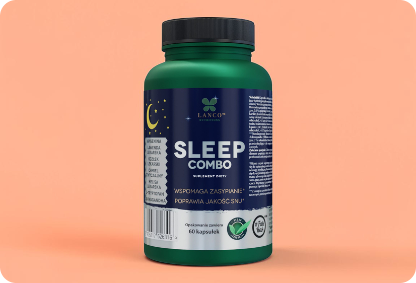Zielona butelka suplementu Lanco Nutritions Sleep Combo na brzoskwiniowym tle.