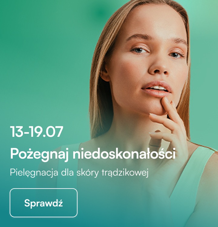 Kobieta z opaską na włosach nakłada krem na policzek i trzyma serum przy twarzy na banerze „Pożegnaj niedoskonałości”.
