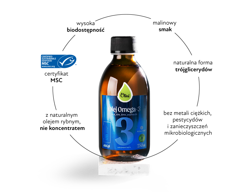 Butelka oleju Omega-3 Olini – wysoka biodostępność, z naturalnym olejem rybnym